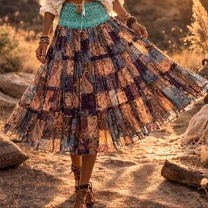Vtg Y2K Bohemian Gypsy Patchwork Paisley Design Sheer Lace Midi Pull-on Skirt